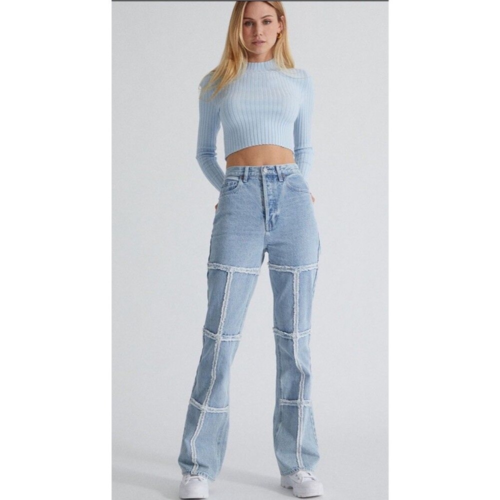 PACSUN Women 24 Jeans High Rise Boot Cut Frayed Patchwork Button Fly Light Wash